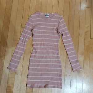 korean pink cottagecore rib knit long sleeve mini dress